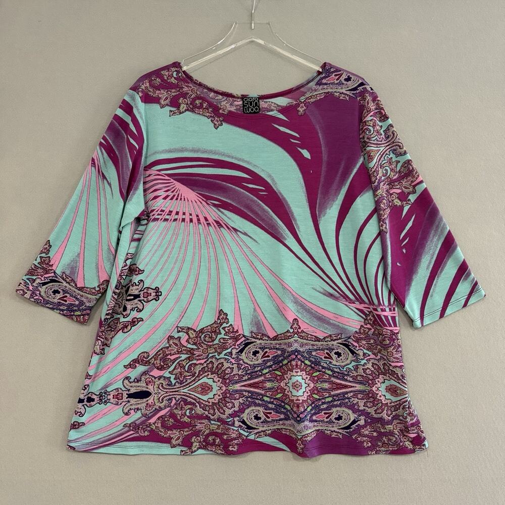 Clara Sun Woo Tunic Top Size 1X Multicolor Mesh 3/4 Sleeve Artsy Lagenlook